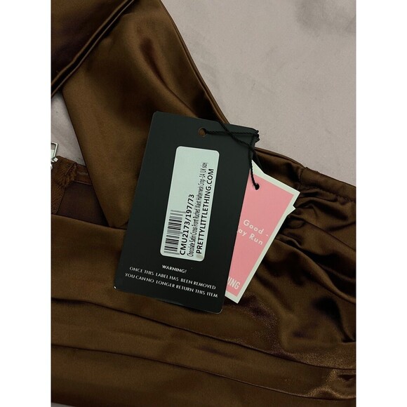 prettylittlething Chocolate Satin Cross Front Ruched Waist Halterneck Crop Top - Picture 9 of 11